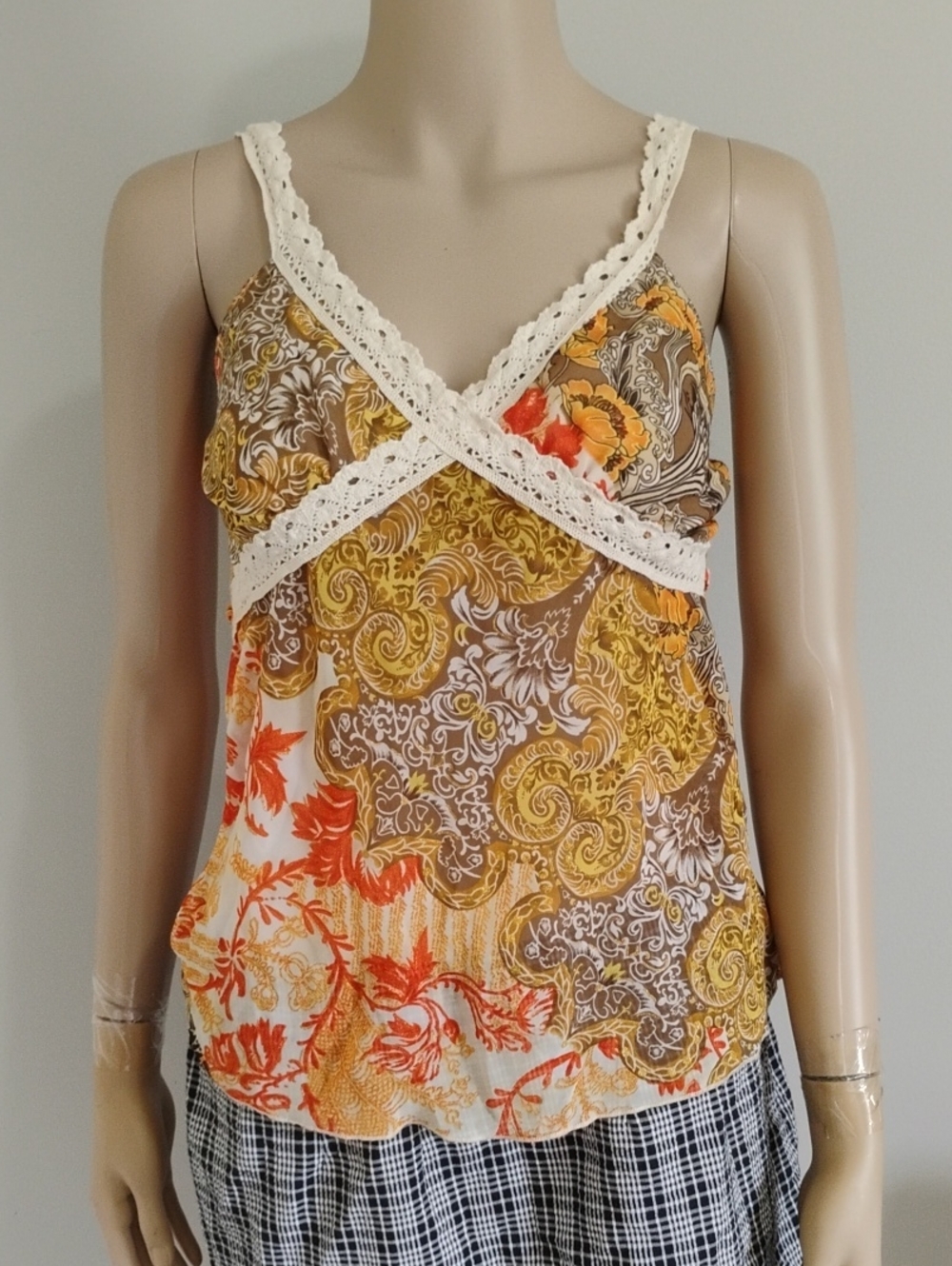 Vintage Y2K Poetry Paisley Floral Cami Top - Crochet Trim Boho Tank